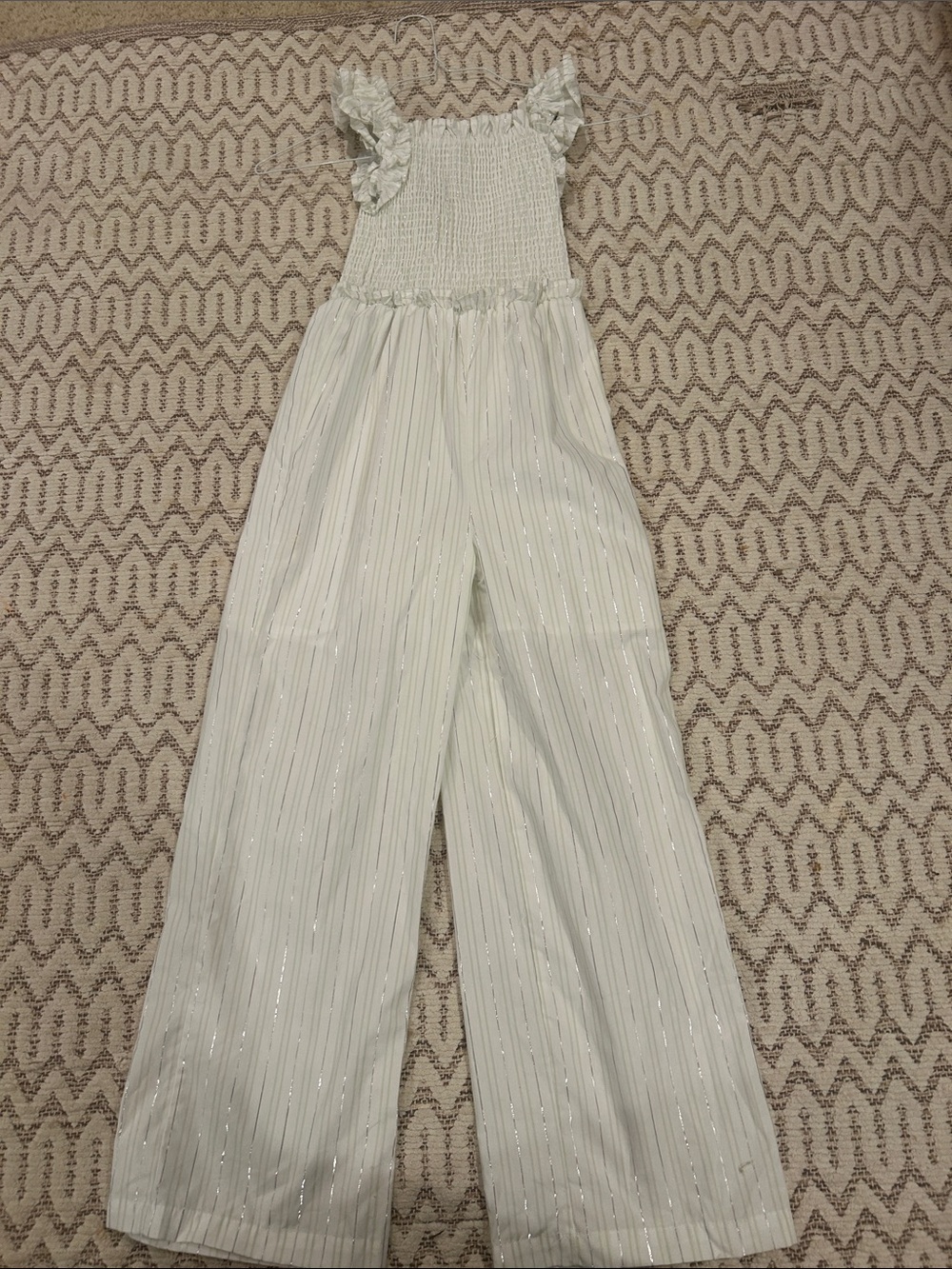 Rachel Zoe Ivory Smocked Jumpsuit with Metallic Pinstripes